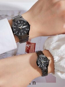 腕時計 メンズ セット 1 ペアのカップル黒亜鉛合金ストラップファッションカレンダー防水ダークラインストーン装飾ラウンドダイヤルク