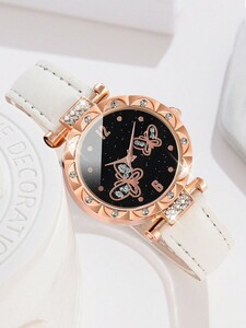 腕時計 レディース セット レジャー女性用レザーストラップファッションシンプルダイヤルクオーツ腕時計 6個セット +合金チェーンブ