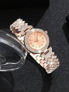 腕時計 レディース セット 女性用ローズゴールドステンレススチールウォッチ＆ブレスレットセット2個、ファッションシンプルクオーツウ