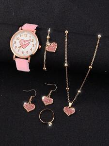 腕時計 レディース セット ピンクのハート型ブレスレットウォッチとレザージュエリーセット6個入り、女の子向けギフト