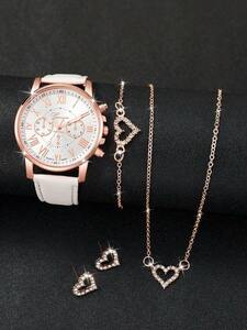 腕時計 レディース セット 女性用ファッションシンプルクォーツ時計、3つのサブダイアルとローマ数字のダイアル、ハートの形のダイヤモ