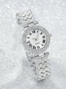 腕時計 レディース セット 1個 女性 シルバー ラインストーンデコレーション 亜鉛合金 ストラップ グラマラス 丸い ダイヤルク