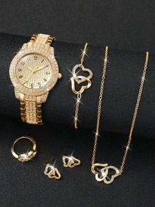 腕時計 レディース セット 女性用スチールベルトのファッションクオーツ腕時計、ダイヤ付きダイヤル+ ハート型ジュエリーセット（6個