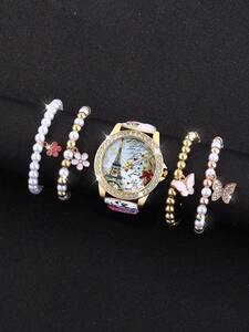腕時計 レディース セット レディース カラフルストラップ 腕時計5本とブレスレットセット、丸い文字盤、エッフェル塔の柄