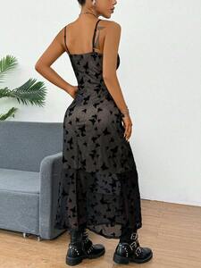 レディース ドレス 女性用夏用ブラックメッシュバタフライプリントビロードスパゲッティストラップドレス