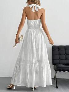 レディース ドレス ロマンチックデート用 ホルターネックチェック柄ドレス、女性用フリルヘムライン