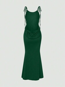 レディース ドレス _ ソリッドカラー バックレス スリーブレスドレス、結び目とドレープデザインでセクシーな夏のルックス