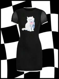 レディース ドレス 女性用 可愛い猫プリント レーストリム メッシュドレス