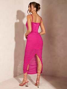 レディース ドレス 女性用 レース プリーツ ビスチェ メッシュタイトドレス、ピンク、サマーアウトフィット