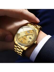 腕時計 メンズ クォーツ メンズ腕時計1個、ステンレススチールバンドの高級ビジネススタイル、ゴールデンダイアルポインター、週/日付