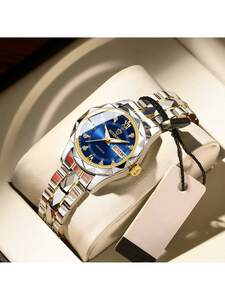 腕時計 レディース クォーツ レディース腕時計 1個、3ガラス、高級ゴールドケース、エレガントなブルーダイヤル、バタフライクラスプ