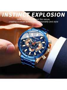 腕時計 メンズ クォーツ 1個 ファッショナブルなブルーメンズ腕時計、ステンレススチール製ストラップ、カレンダー機能、発光針、ユニ