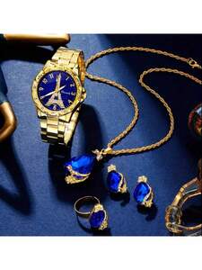 腕時計 レディース セット 優雅なエッフェル塔のデザインが施されたレディース用時計ジュエリーセット 5個セット、ゴールドステンレス