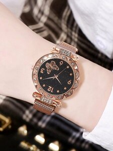 腕時計 レディース セット 1 個の女性のローズゴールドメッシュバンドクォーツ時計と 1 個のブレスレット