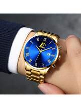 腕時計 メンズ セット 3個セットメンズ カレンダー付き 腕時計 ゴールドブレスレット クロスペンダントネックレス 腕時計_画像2