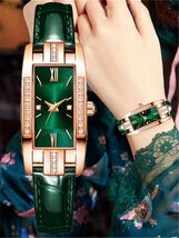 腕時計 レディース セット 女性用時計 グリーンポリウレタンストラップファッションラインストーン付き長方形ダイヤルクオーツ時計&ジ_画像1