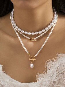 レディース ジュエリー ネックレス レイヤード 女性用パーティー用2個セット豪華な模造真珠装飾ジオメトリックペンダントネックレス