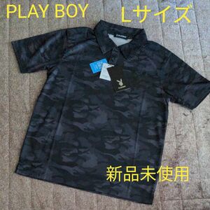 【新品未使用】PLAY BOY 半袖ポロシャツ　Lサイズ　ドライ素材　ブラック系　迷彩柄