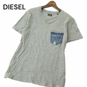 DIESEL ディーゼル 春夏 ロゴ デニム ポケット★ 半袖 Vネック カットソー Tシャツ ポケT Sz.S　メンズ グレー　A4T04401_4#D