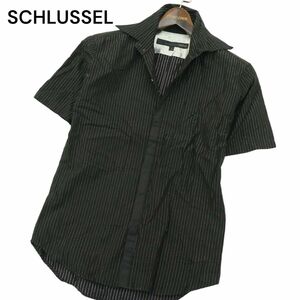 SCHLUSSEL シュリセル 春夏 ラメ★ ストライプ 半袖 比翼 シャツ Sz.2　メンズ 黒 日本製　A4T04782_4#A