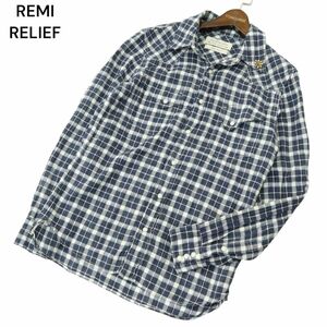 REMI RELIEF レミレリーフ 春夏 麻 リネン混★ フラワー スタッズ 長袖 ウエスタン チェック シャツ Sz.M　メンズ 紺 日本製　A4T04722_4#A