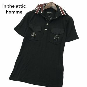 in the attic homme インジアティック オム ユニオンジャック★ 刺繍 襟ワイヤー 半袖 ワーク ポロシャツ Sz.M　メンズ 黒　A4T04788_4#A