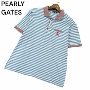 PEARLY GATES パーリーゲイツ 春夏 ロゴ刺繍★ ボーダー 半袖 ポロシャツ Sz.4　メンズ ゴルフ 日本製　A4T04930_5#A