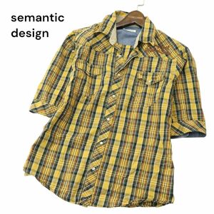 semantic design セマンティック デザイン 春夏 襟ワイヤー★ 半袖 ワーク チェック シャツ Sz.LL　メンズ 黄 大きいサイズ　A4T04660_4#A