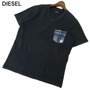 DIESEL ディーゼル 春夏 ダメージ加工 デニム ポケット★ 半袖 Vネック カットソー Tシャツ Sz.M　メンズ ネイビー　A4T05049_5#A