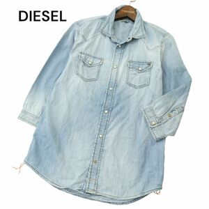 DIESEL ディーゼル 春夏 ロゴ★ USED加工 7分袖 デニム ウエスタン シャツ Sz.L　メンズ　A4T05601_5#A