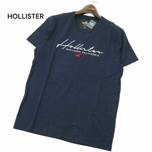 【新品 未使用】 HOLLISTER ホリスター 春夏 ロゴ★ 半袖 クルーネック カットソー Tシャツ Sz.M　メンズ ネイビー　A4T05737_5#D