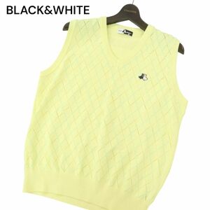 美品★ BLACK&WHITE ブラック＆ホワイト 通年 アーガイル&ボーダー コットン ニット ベスト Sz.L　メンズ ゴルフ 日本製　A4T05784_5#O