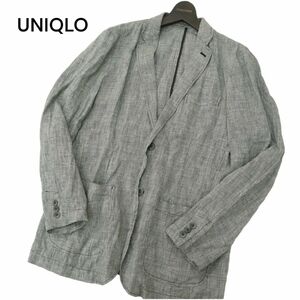 UNIQLO ユニクロ 春夏 麻100% プレミアム フレンチ リネン★ 千鳥チェック テーラード ジャケット Sz.M　メンズ グレー　A4T05771_5#M