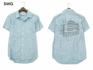 SWG スワッガー 春夏 バック 工場ロゴ プリント★ リネン混 半袖 シャンブレー ワーク シャツ Sz.M　メンズ　A4T04610_4#A