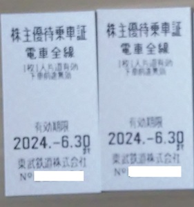 ☆☆東武鉄道株主優待乗車証２枚セット送料込☆☆（２０２４年６月3０日まで) 