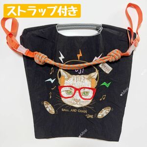 DJキャットの刺繍 レディース エコバッグ Mサイズ　オレンジ紐付き