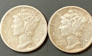 【2枚】マーキュリー 1ダイム 　10セント　ウィングド・リバティ・ヘッド　銀貨 1929 1943