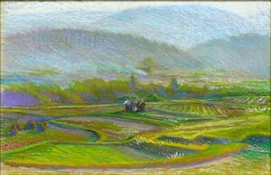 Art hand Auction *Authentic work guaranteed* Extremely rare original hand-painted painting by Naohisa Inoue Smoke rising from terraced rice fields in autumn Mixed media/Laputa/Hayao Miyazaki/Ghibli/Ibalard Painting, Painting, Oil painting, Nature, Landscape painting