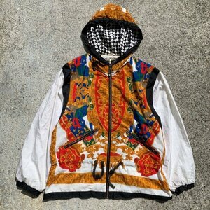 【M/L】Giacca SPORT フード付き ナイロンジャケット 総柄■ビンテージ オールド レトロ アメリカ古着 パーカー 80s-90s