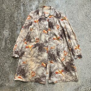 【Ladies or S/M】60s UNKNOWN シャツ生地 ハーフコート ジャケット 和柄■ビンテージ オールド アメリカ古着 レディース 鳥 キジ 開襟