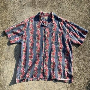 【XL】90s GAP コットン 半袖アロハシャツ ハイビスカス柄 総柄■ビンテージ オールドギャップ レトロ アメリカ古着 ボックスシャツ 開襟