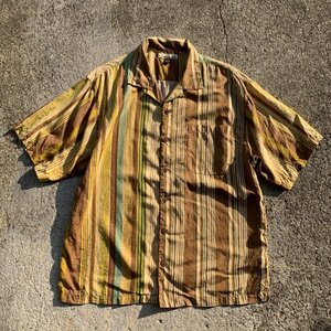 【L/XL】Tommy Bahama オープンカラー 半袖シルクシャツ マルチストライプ 黄色■ビンテージ アメリカ古着 開襟 トミーバハマ アロハ