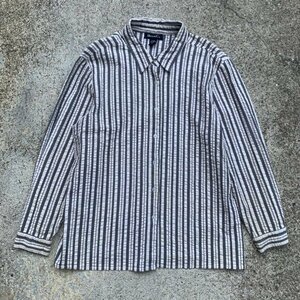 【M/L】SALE!! DENIM&Co シアサッカー ボックス 長袖シャツ M-L マルチストライプ 白■ビンテージ オールド アメリカ古着 90s レディース