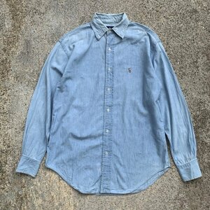 【S】ラルフローレン 長袖シャンブレーシャツ 青 無地■ビンテージ オールド レトロ アメリカ古着 80s-90s POLO 香港製