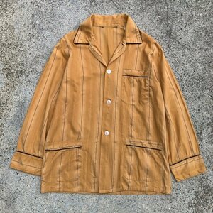 【M/L】UNKNOWN 長袖パジャマシャツ マスタード 黄土色■ビンテージ オールド レトロ ヨーロッパ古着 70s ストライプ 織柄 コットン