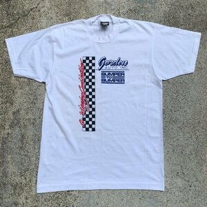 【L】デッドストック 80s-90s USA製 GORDON AUTO INC. Tシャツ 白■ビンテージ オールド アメリカ古着 モーター系 チェッカーフラッグ 1