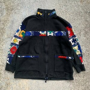 【L/XL】furalp ジップアップ フリースジャケット 黒 柄入り■ビンテージ オールド 古着 90s ネイティブ柄 サンダーバード