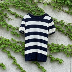 【レディースM】SALE!! GAP 半袖ニット Tシャツ 白紺ボーダー■ギャップ パフスリーブ コットン×レーヨン×ナイロン