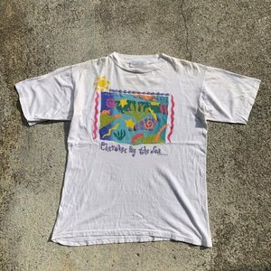 【L/XL】90s CHEROKEE SEA 魚 プリントTシャツ 白■ビンテージ オールド レトロ アメリカ古着 コットン シングルステッチ アート