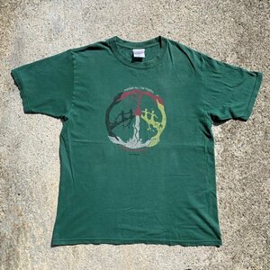 【L】USA製「Imagine All The People」ピースマーク 両面プリントTシャツ 緑■ビンテージ オールド レトロ アメリカ古着 90s コットン